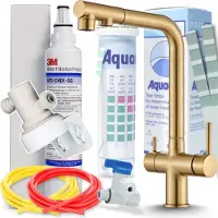 ARI 3-Wege Küchenarmatur Ausziehbar Gebürstetes Gold mit 3M AP2-C405-SG Trinkwasserfilter Untertisch Wasserfiltersystem