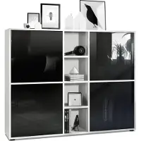 Vladon Highboard Cuba V3, Germany, Weiß matt/Schwarz Hochglanz - Moderne Anrichte mit 12 Fächern (130,5 x 105,5 x 35,5 cm)