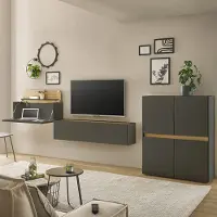 Lomadox Wohnwand anthrazit mit Eiche CRISP-61 modern 3-teilig mit Homeoffice-Lösung
