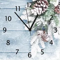 Wallario Design Wanduhr Verschneite Tannenzweige auf Holz - Winterdekoration aus Echtglas, Größe 30 x 30 cm