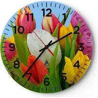 ARTTOR Wanduhr - Rund - Glasuhr - Tulpen Blumenstrauß Blumen Tau - 40x40cm - Schleichendes Uhrwerk - Lautlos - zum Aufhängen bereit - Dekoration Modern - Wanddekoration aus Glas - C4AR40x40-2526