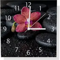 Wallario Design Wanduhr Orchideen-Blüte auf schwarzen Steinen, benetzt mit Wasser-Tropfen aus Aluverbund, Größe 30 x 30 cm