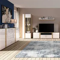 Lomadox Wohnwand modern in Eiche Nb. AKRON-131 mit Fronten in Hochglanz weiß 4-teilig inkl. Sideboard