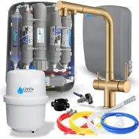 ARI Wasserfilter Set RO7 Slim mit 3-Wege Küchenarmatur Venom, 7-stufige Filtration, 75 GPD, herausziehbare Brause, Gold