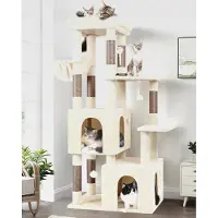 Markenlos Kratzbaum Beige Groß Stabil mit 72 * 45cm Große Basis, 2 Groß Katzenhaus, Gepolsterte Sitzstangen, Katzenspielzeug, Katzenbaum 156 cm hoch für Katzchen Große Katzen Senioren (F61, Beige)