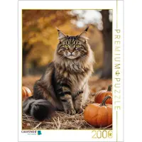 CALVENDO Puzzle Eine Maine Coon Katze sitzt im Herbst zwischen Kürbissen und zeigt ihre elegante Ausstrahlung. | 2000 Teile Lege-Größe 90x67cm Foto-Puzzle für glückliche Stunden