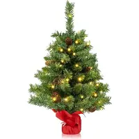 Goplus Mini-Weihnachtsbaum 64cm, Künstlicher Weihnachtsbaum mit 8 Beleuchtungsmodi, 75 PVC-Astspitzen, 50 LED-Lichtern, 8 Tannenzapfen & Zementsockel, batteriebetriebener Kleiner Christbaum