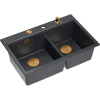 Quadron Spülbecken 2-Becken Spüle | Größe: 76 x 50 x 23.5 cm | MARC 120 | Granitspüle aus mit Siphon + Spender + Platte | Schwarz Diamant + Kupfer
