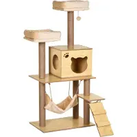 PawHut Kratzbaum für Katzen, Höhe 130 cm, Katzenturm mit Kratzbäumen aus Jute, 2 Betten, Hängematte, Höhle, Hängeball und Rampe, 60 x 40 x 130 cm, Natur