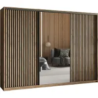 Masseno Schiebetürenschrank ORRA 250/205/60 cm Kleiderschrank mit Spiegel und Lamellen, 4 Schubladen Schlafzimmer Schrank 3-türig Eiche Lefkas + Schwarz