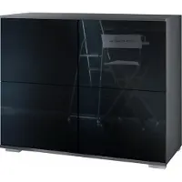 Vladon Kommode Rova V3, Moderner Küchenschrank mit 4 Push-to-Open Türen Anthrazit matt / Schwarz Hochglanz (92,5 x 75.5 x 35)