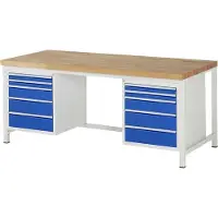 RAU Werkbank mit 10 Schubladen - Teilauszug - 60:4 / 120:2 / 150:4 - höhenverstellbar 840-1.040 mm - 2.000 x 900 mm (BxT) - Traglast 1.250 kg - Buche
