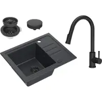 VBChome Spülbecken Granit Schwarz mit Armatur 55 x 44 cm Einzelbecken Einbauspüle Gesprenkelt Reversibel Granitspüle Schwarz Siphon Waschbecken