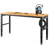 SucceBuy Höhenverstellbare Werkbank, 183 x 64 cm Garagentisch, 72 - 97 cm Höhe, 900KG Belastbarkeit, Steckdosen, Hartholzplatte, Metallrahmen, Fußpads, Büro Heimwerkstatt