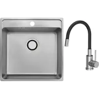 VBChome Edelstahlspüle mit Armatur 49x48x21 cm Inox Glatt Edelstahl Einbauspüle mit Hahnloch Groß Becken Siphon Armatur Schwarz mit flexiblem Auslauf