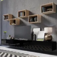 Lomadox Moderne TV Wohnwand in schwarz Hochglanz mit Artisan Eiche Nb. CAIRNS-132, B/H/T ca. 300/200/43 cm