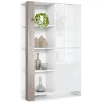 Vladon Highboard Canto, Germany, hoher Schrank mit 2 Türen und 8 Fächern, Korpus Weiß matt, Fronten Weiß Hochglanz, Nachbildung-Paneele Eiche Nordic (95 x 151,5 x 36 cm)