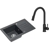 VBChome Spülbecken Granit Schwarz mit Armatur 70 x 44 cm Einzelbecken Einbauspüle Gesprenkelt Reversibel Granitspüle Siphon Waschbecken Schwarz Armatur mit Herausziehbarem Auslauf