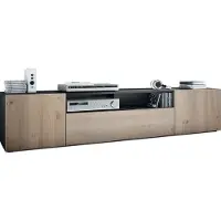 Vladon Lowboard Mogan, TV-Kommode mit 2 Türen, 1 Klappe und 1 offenes Fach, Schwarz matt/Eiche Nordic (181 x 39 x 35 cm)