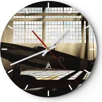 ARTTOR Wanduhr - Rund - Glasuhr - Airplain Hangar Flug historisch - 30x30cm - Schleichendes Uhrwerk - Lautlos - zum Aufhängen bereit - Dekoration Modern - Wanddekoration aus Glas - C3AR30x30-2969