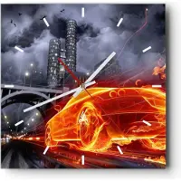 ARTTOR Wanduhr - Quadrat - Glasuhr - Auto Flammen Räder - 30x30cm - Schleichendes Uhrwerk - Lautlos - zum Aufhängen bereit - Dekoration Modern - Wanddekoration aus Glas - C3AC30x30-0209