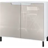 Vladon Kommode Sylt V3, Moderner Küchenschrank mit 2 großen Türen Weiß matt / Sandgrau Hochglanz (92,5 x 83.5 x 35)