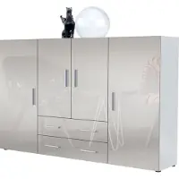 Vladon Highboard Nora Anrichte mit 2 Schubladen und 4 Türen mit insgesamt 8 Fächer dahinter, Weiß matt/Sandgrau Hochglanz (166,5 x 106,5 x 35 cm)