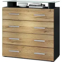 Vladon Sideboard Pavos V2, Kommode mit 4 Schubladen und Glasablage, Schwarz matt/Eiche Natur (76 x 81 x 35 cm)