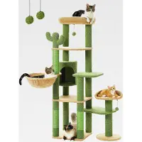 Markenlos 150cm Kaktus Kratzbaum, hoher Katzenbaum für große Katze, mehrstöckiger Katzenturm, Katzenkratzbaum für Wohnungskatzen, Katzenwohnung mit großer Hängematte, Kratzsäule und 2 Sitzstangen, grün