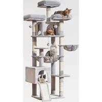 Markenlos 193CM Kratzbaum Groß XXL, Katzenbaum Katzenbaum Grosse Katzen Stabil Katzenkratzbaum mit 2 Katzenhaus, 7 Kratzsäulen, 3 Große Plattform, Hängematte, Korb MS047W Hellgrau