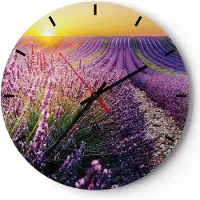 ARTTOR Wanduhr - Rund - Glasuhr - Feld Lavendel Sonne - 30x30cm - Schleichendes Uhrwerk - Lautlos - zum Aufhängen bereit - Dekoration Modern - Wanddekoration aus Glas - C3AR30x30-4703