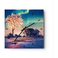 ARTTOR Wanduhr - Quadrat - Glasuhr - Baum Haus Nacht Sterne - 30x30cm - Schleichendes Uhrwerk - Lautlos - zum Aufhängen bereit - Dekoration Modern - Wanddekoration aus Glas - C3AC30x30-2849