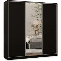 Masseno Schiebetürenschrank TARI 180/205/58 cm Kleiderschrank mit 4 Schubladen Schlafzimmer Schrank 3-türig mit Spiegel Schwarz