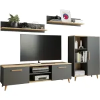 Matkam Wohnwand Wohnzimmermöbel-Set Oslo, 4-teilig, 1 x TV-Kommode H47x B150 x T40 cm, 1 x Wohnzimmerkommode H112 x B80 x T30cm, 2 x Hängeregale H20 x B100 x T20 cm (Anthrazit-Artisan Eiche)