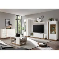 Lomadox Wohnzimmer-Wohnwand-Set in weiß Glanz mit Grandson Oak Eiche Nb. CELLE-61 mit Sideboard und Couchtisch, B/H/T ca. 340/194/40 cm