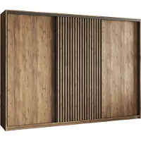 Masseno Schiebetürenschrank VONTE 270/205/60 cm Kleiderschrank mit Lamellen und Schubladen Schlafzimmer Schrank 3-türig Eiche Lefkas + Schwarz