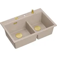 Quadron Spülbecken 2-Becken Spüle | Größe: 76 x 50 x 23.5 cm | MARC 120 | Granitspüle aus GraniteQ mit Siphon + Spender + Platte | Beige + Gold