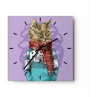 ARTTOR Wanduhr - Quadrat - Glasuhr - Katze Schal Illustration hipster - 30x30cm - Schleichendes Uhrwerk - Lautlos - zum Aufhängen bereit - Dekoration Modern - Wanddekoration aus Glas - C3AC30x30-3201
