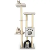 Goplus 6-stufiger Kratzbaum aus Holz, Katzenbaum mit gemütlicher Matten, Sisalstämmen & Katzenhaus, Grau