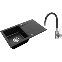 VBChome Granitspüle 76 x 44 cm Schwarz mit flexibler Armatur Einzelbecken Einbauspüle Reversibel Gesprenkelt Pflegeleichtes Spülbecken mit Siphon