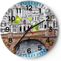 ARTTOR Wanduhr - Rund - Glasuhr - Frankreich brücke zeichnung - 40x40cm - Schleichendes Uhrwerk - Lautlos - zum Aufhängen bereit - Dekoration Modern - Wanddekoration aus Glas - C4AR40x40-2826