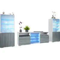 Vladon Wohnwand Granada, Anbauwand bestehend aus 2 Vitrinen und 1 TV-Board, Weiß matt/Avola-Anthrazit inkl. LED-Beleuchtung (286 x 122,5 x 35 cm)