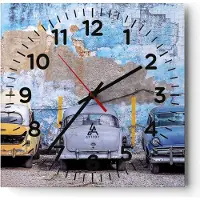 ARTTOR Wanduhr - Quadrat - Glasuhr - Havanna Oldtimer Autos - 30x30cm - Schleichendes Uhrwerk - Lautlos - zum Aufhängen bereit - Dekoration Modern - Wanddekoration aus Glas - C4AC30x30-4376