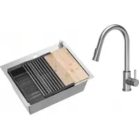 VBChome Edelstahlspüle mit Armatur 58 x 45 cm Gebürsteter Edelstahl Zubehörset Spender Schneidbrett Rollmatte Faltbarer Abtropfständer Siphon