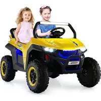 Goplus 12V Kinder Elektroauto, 2-Sitzer Kinderfahrzeug mit 2,4 GHz Fernbedienung, Scheinwerfer, Musik & Aufbewahrungstasche, Kinderauto mit Langsam Start für 3-8 Jahren (Gelb)