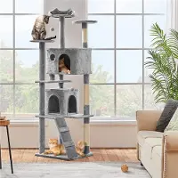 Yaheetech XXL Kratzbaum, 202,5 cm, mehrstufig, mit 3 Sisalstämmen, 3 Aussichtsplattformen, 2 Katzenhöhlen & 2 Plüschbällen, Hellgrau