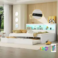 Sweiko Schlafsofa, Daybett, Tagesbett, 140x200cm , Mit LED-Leuchten, Bettseitiges Staufach, Ausziehbares Bett, Steckdose + USB, Ohne Matratze, Weiß