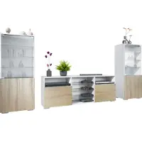 Vladon Wohnwand Granada, Anbauwand bestehend aus 2 Vitrinen und 1 TV-Board, Weiß matt/Eiche sägerau (286 x 122,5 x 35 cm)