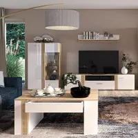 Lomadox Wohnwand Set modern in Eiche Nb. AKRON-131 mit Fronten in Hochglanz weiß 4-teilig inkl. Couchtisch