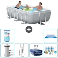 Intex Rechteckiges Prisma-Rahmen-Schwimmbecken – 300 x 175 x 80 cm – Grau – inklusive Pumpe – Leiter Sonnensegel - Wartungspaket - Filter - Bodenplane